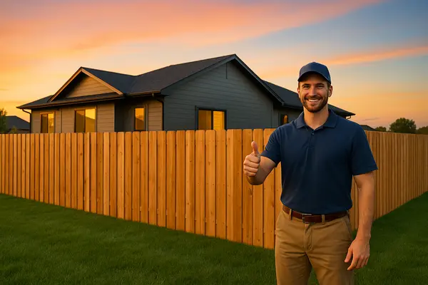 a fence contractor smiling at the camera with a brand new fenced installed in the background from PLANO FENCE REPAIRS in Plano, TX - Air Conditioning Capacitors Replacement