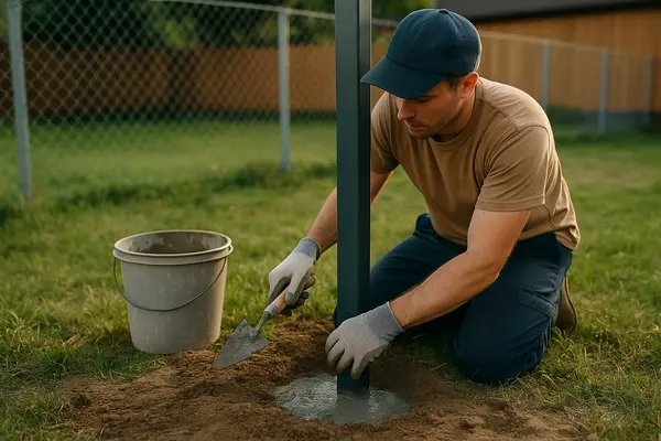 a male fence contractor securing a metal fence post with cement from PLANO FENCE REPAIRS in Plano, TX - Central Air Conditioning System Design
