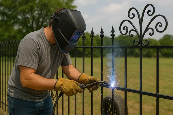 a male contractor welding a new metal fence from PLANO FENCE REPAIRS in Plano, TX - Central Air Conditioning System Design