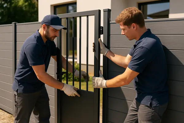 two male contractors installing a new fence gate from PLANO FENCE REPAIRS in Dallas, TX - Dallas TX