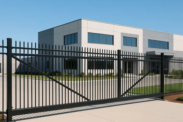 a building featuring a gated metal fence from PLANO FENCE REPAIRS in Dallas, TX - Dallas TX