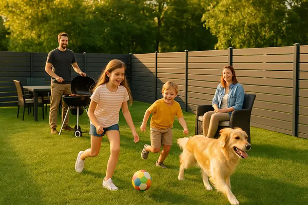 a happy family in the backyard with a stained wooden fence behind them from PLANO FENCE REPAIRS in Plano, TX - fencing near me