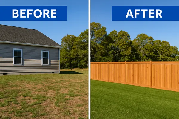 a before and after image with a house without a fence and the house with a new fence from PLANO FENCE REPAIRS in Plano, TX - fencing near me