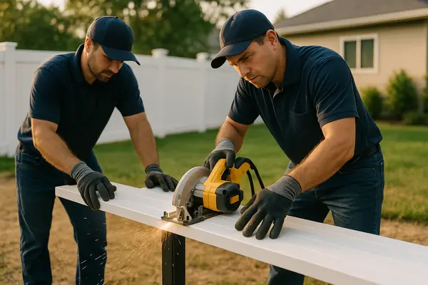 2 male fenc contractors cutting a piece of wood from PLANO FENCE REPAIRS in Plano, TX - HVAC Maintenance