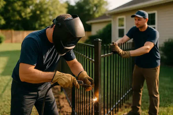 2 male fence contractors welding a new metal fence from PLANO FENCE REPAIRS in Plano, TX - HVAC Maintenance