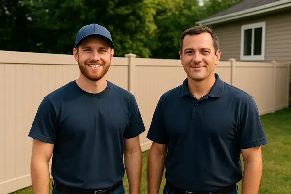 2 contractors smiling at the camera with a fence in the background from PLANO FENCE REPAIRS in Plano, TX - Leaking Coils Repair