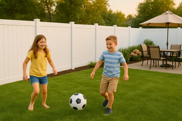 2 kids playing in the backyard with a fence in the background from PLANO FENCE REPAIRS in Plano, TX - Leaking Coils Repair