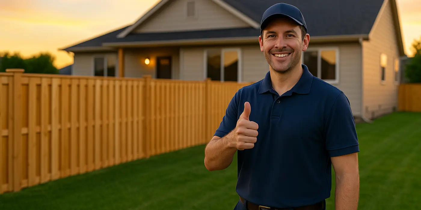 a male fence contractor giving a thumbs up to the camera with a wooden fence in the background from Plano Fence Repairs in Plano, TX - AC Compressor failure Repair