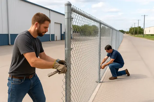 2 male contractors installing a chained fence from Plano Fence Repairs in Plano, TX - Air Conditioning Inspection