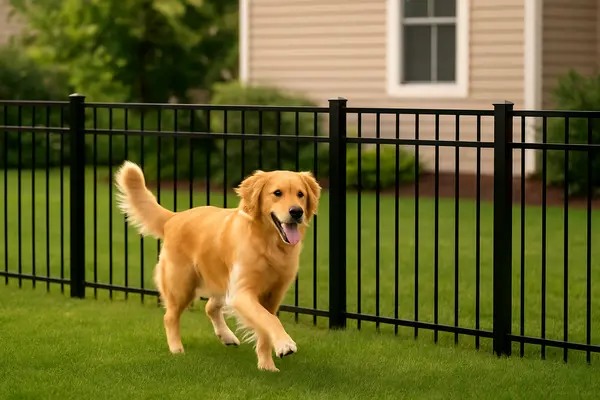 a happy dog with an iron fence in the background from Plano Fence Repairs in Plano, TX - central air conditioning system design