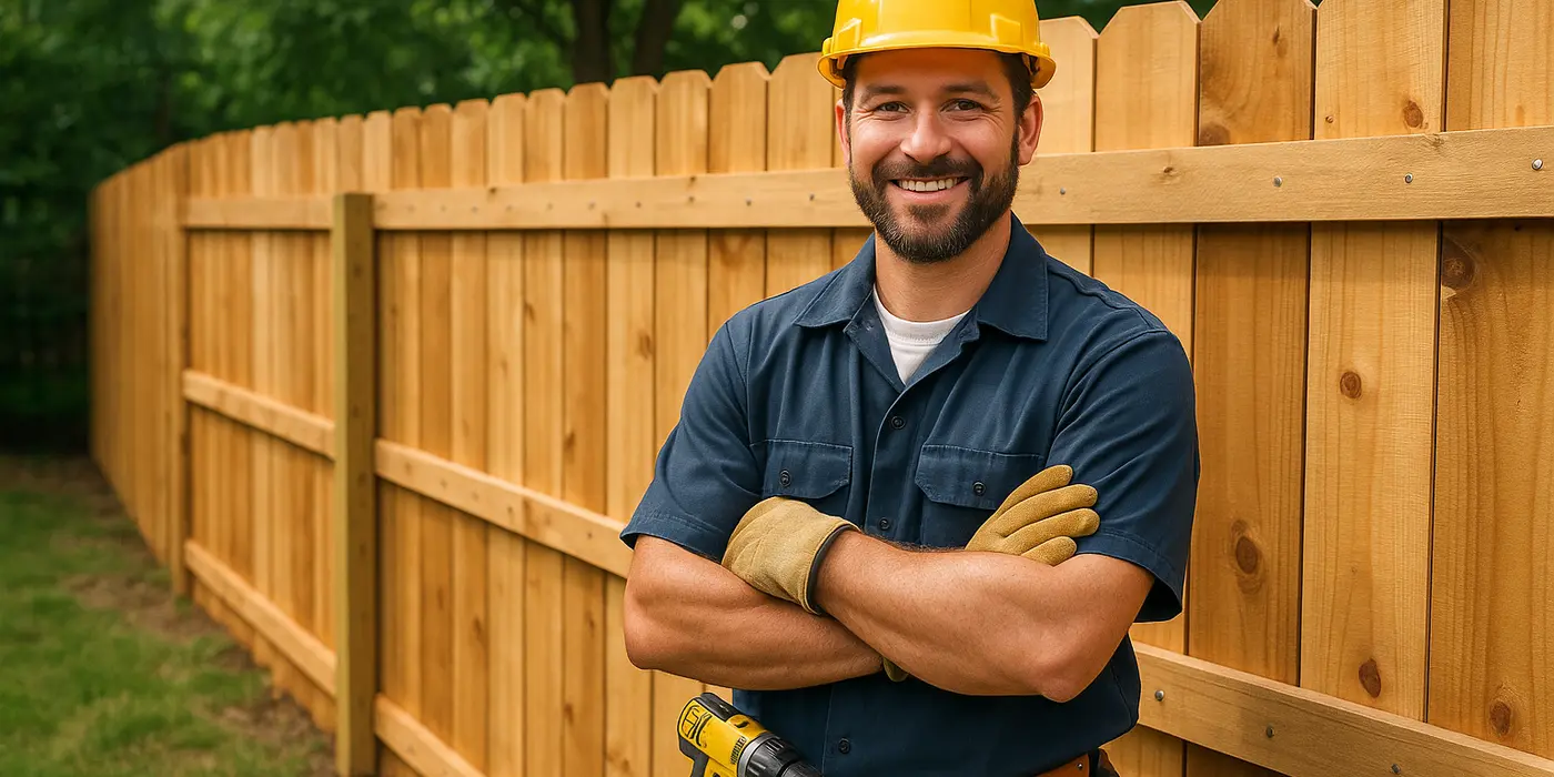 a fence contractor smiling at the camera with a new fence built behind him from Plano Fence Repairs in Plano, TX - fencing near me