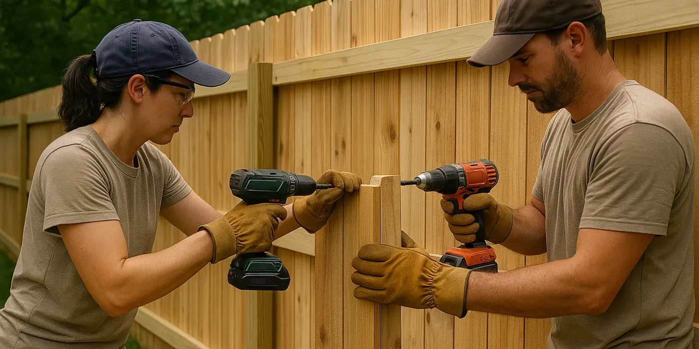 a female and male fence contractor installing a new wooden fence from Plano Fence Repairs in Plano, TX - hvac maintenance