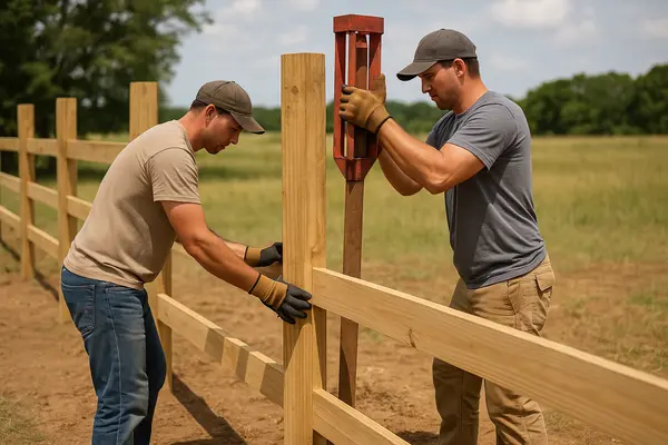 2 male contractors installing the posts for a new wooden fence from Plano Fence Repairs in Plano, TX - hvac maintenance